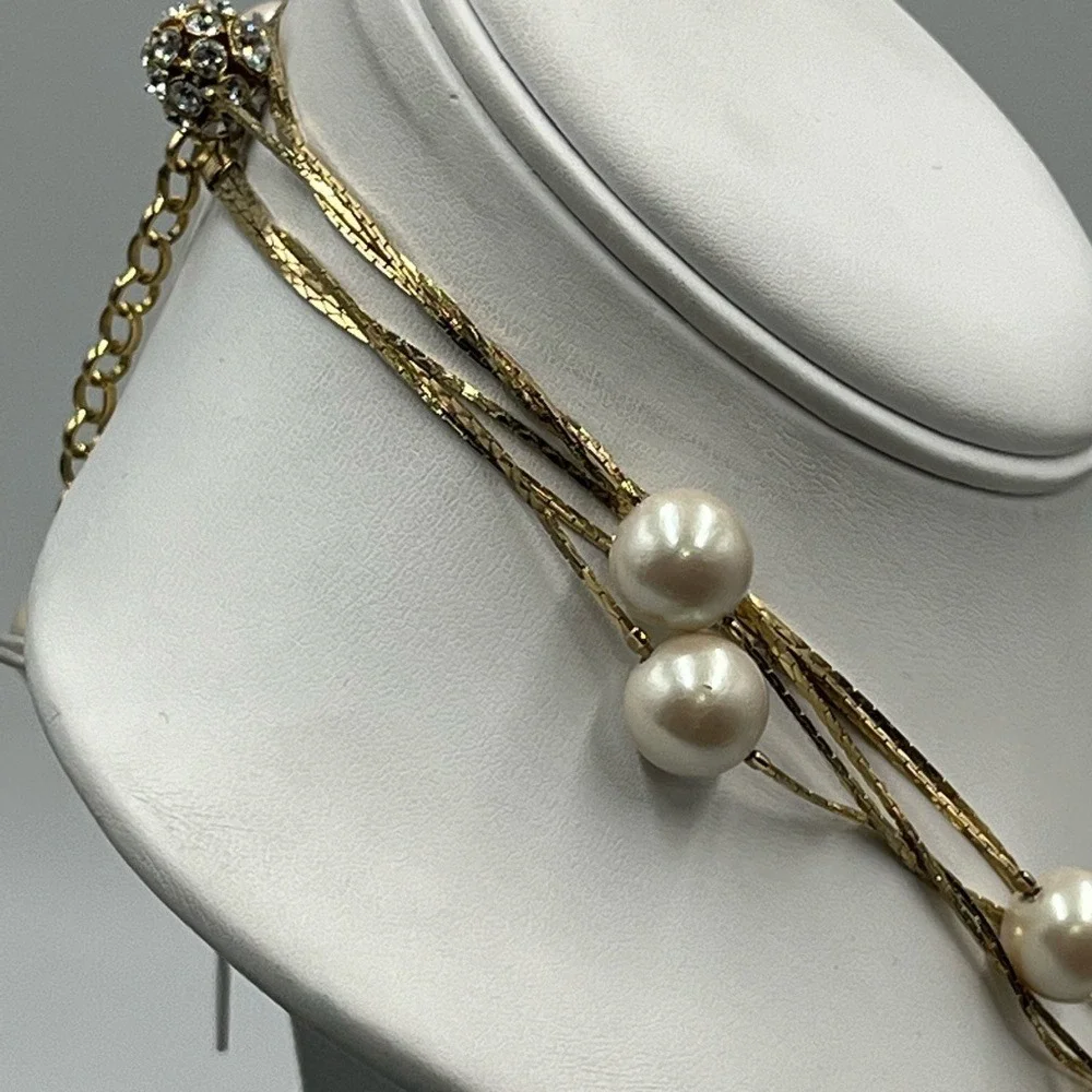 Kate Spade NY Gold Plated Triple Strand Faux Pearl Pave Beads Long Necklace